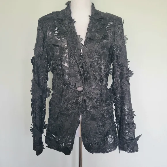 NWOT Black Floral Lace 3-D Applique Embroidery 1 Button Textured Blazer Sz XL - Picture 5 of 16